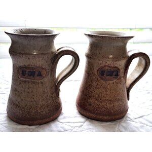 Set of 2 Handmade Brown Speckled Pottery Mugs Signed University of Arizona